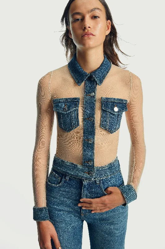 Women's Timeless Attire Tulle Illusion Denim Top