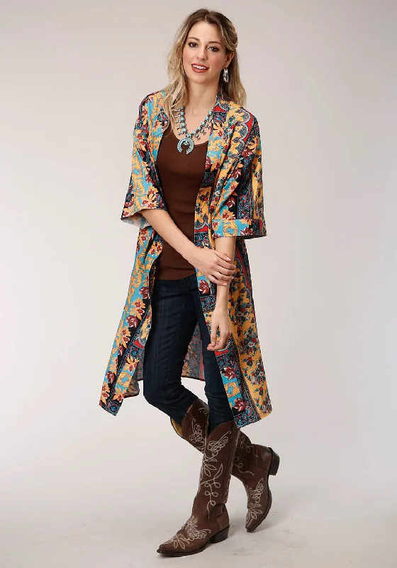 Women's Plus-Size Casual Outfit Roper Womens Turquoise Polyester Baroque Floral Cardigan