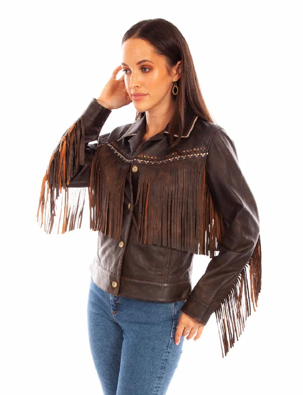 Affordable Women's Attire Scully Womens Western Fringe Chocolate Leather Leather Jacket