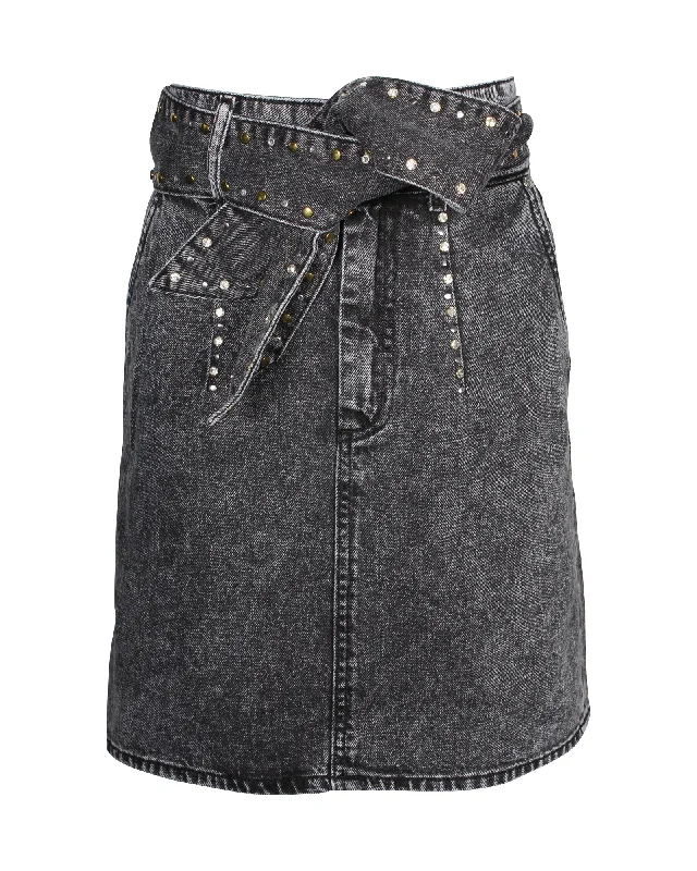 Women's Evening Garments Sandro Paris Fredie Belted Embellished Acid-wash Denim Mini Skirt in Grey Cotton