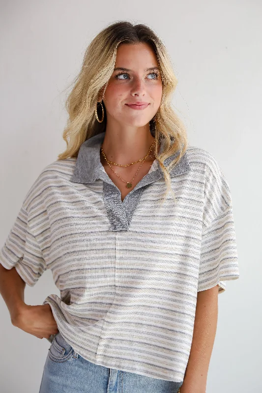 Women's Clothing For Casual Outings FINAL SALE - Simple Vibes White Striped Collared Top