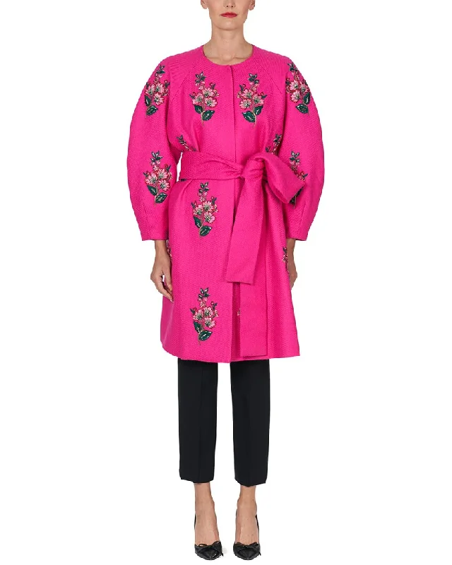 Women's Office Clothing Carolina Herrera Embellished Collarless Silk-Trim Wool A-Line Coat