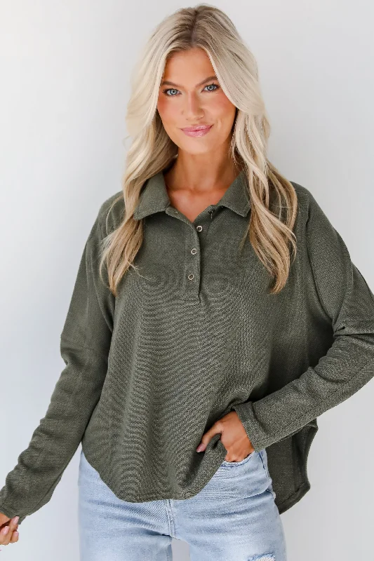 Affordable Trendy Clothes For Women Ella Olive Collared Top - DOORBUSTER