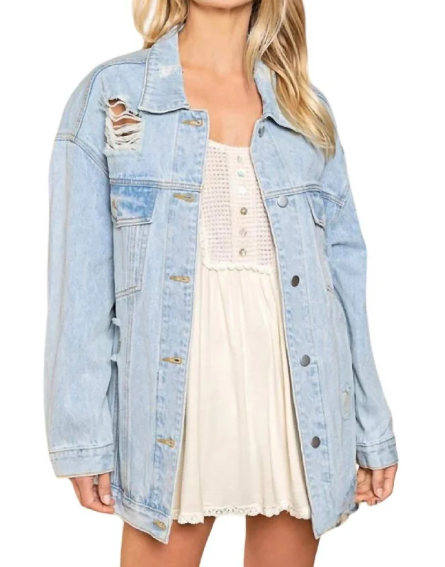 Women's Stylish Professional Apparel Je T'aime Mon Amour Distressed Denim Jacket In Denim Multi