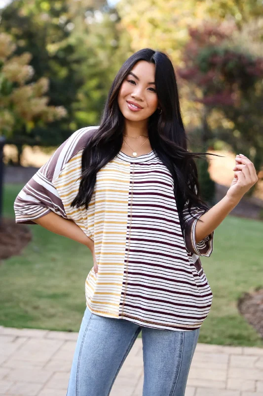 Formal Clothing For Women FINAL SALE - Seriously Comfy Mocha Striped Color Block Top