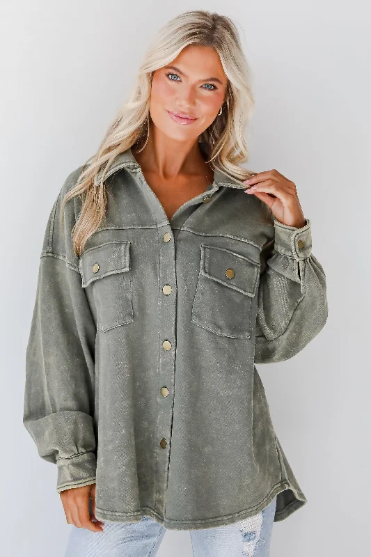 Women's Occasion Wear Clothes Impeccable Style Olive Acid Wash Button-Up Top