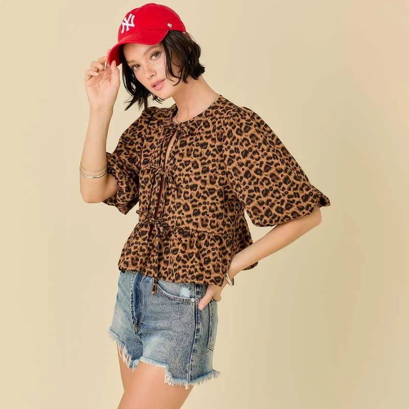 Tailored Clothing For Women Leopard Tie Front Top