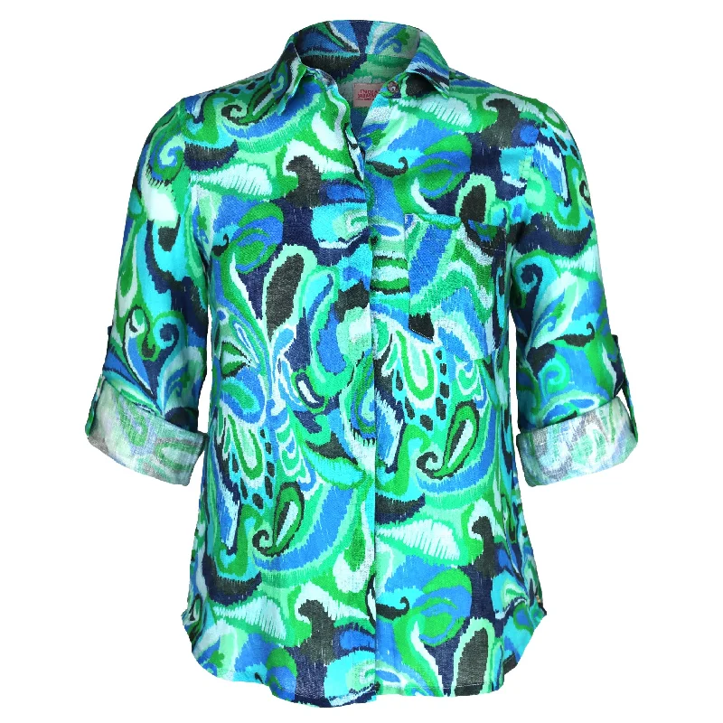 Women's Seasonal Apparel Kelly Shirt Green Paisley Print Linen