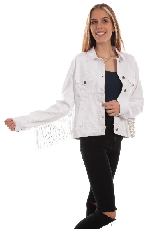 Women's Transitional Clothes Scully Womens White Cotton Blend Rhinestone Fringe Jacket