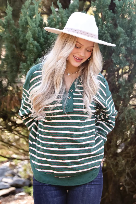 Women's Relaxed Clothes Confirmed Vibe Hunter Green Striped Collared Top - DOORBUSTER