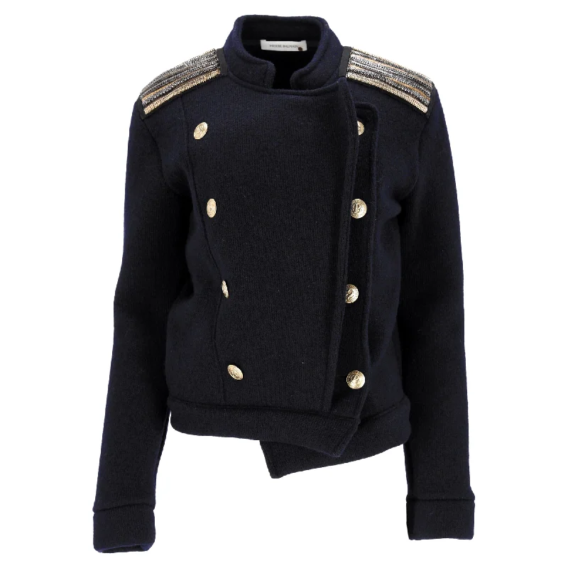 Women's Casual Clothing For Lounging Pierre Balmain Embellished Epaulets Blazer in Navy Blue Wool