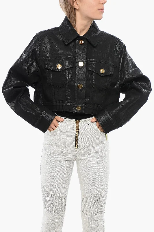 Women's Chic Outerwear Attire Balmain Coated Cropped Denim Jacket