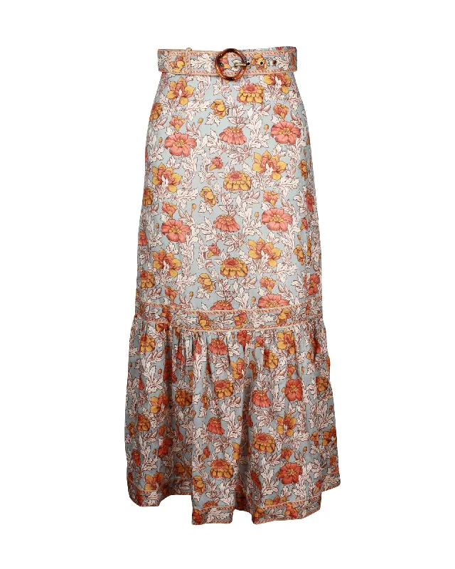 Elegant Women's Attire Zimmermann Andie Frill Hem Maxi Skirt in Floral Print Linen