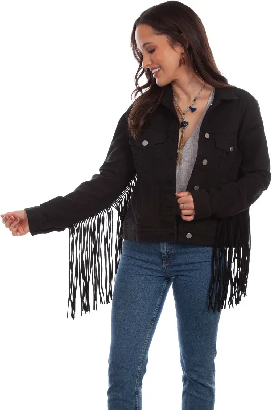 Women's Seasonal Clothes Scully Womens Black Cotton Blend Fringe Jean Denim Jacket