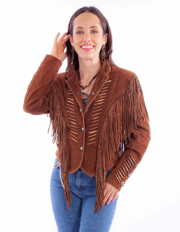 Women's Elegant Formal Outfit Scully Womens Whip Stitch Fringe Cafe Brown Leather Leather Jacket