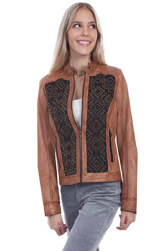 Charming Women's Holiday Apparel Scully Womens Cognac Lamb Leather Beaded Panel Jacket