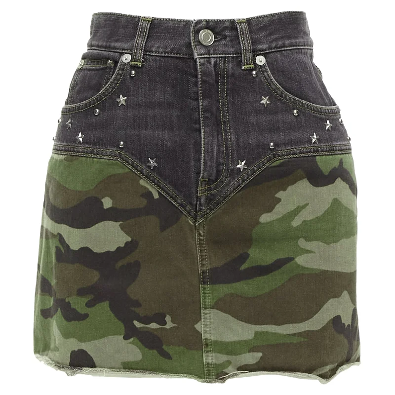 Women's Travel Outfit Set Saint Laurent Camo Denim Star Studded Mini Skirt