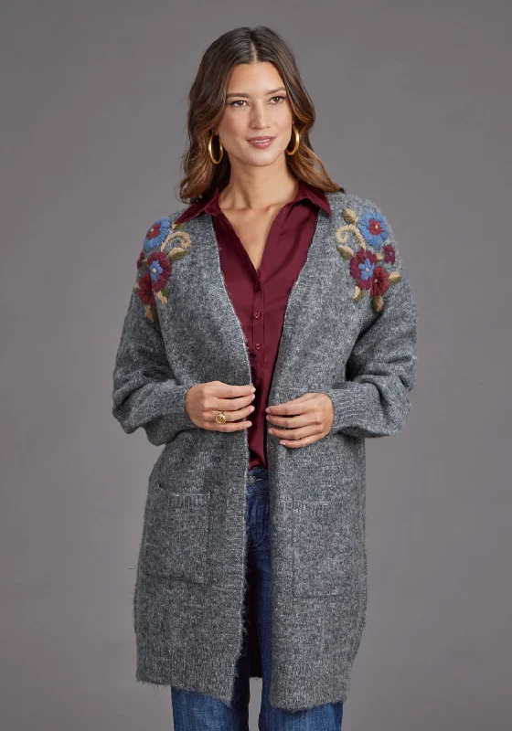 Women's Transitional Outfit Stetson Womens Floral Embroidered Grey Acrylic Blend Cardigan Sweater