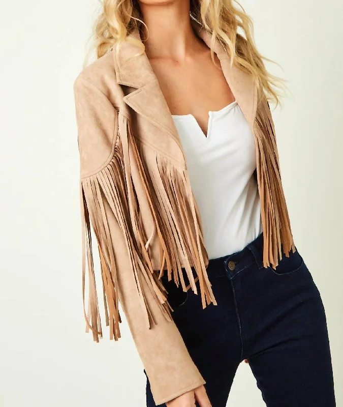 Women's Stylish Professional Garments Suede Fringe Jacket In Tan