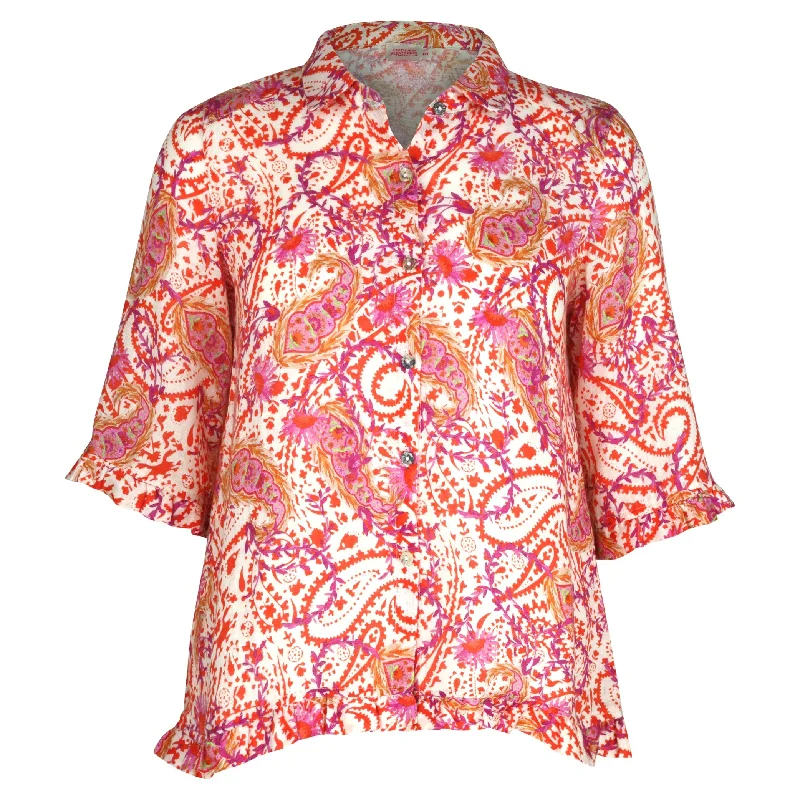 Classic Women's Apparel Rose  Ruffle Orange Paisley Shirt