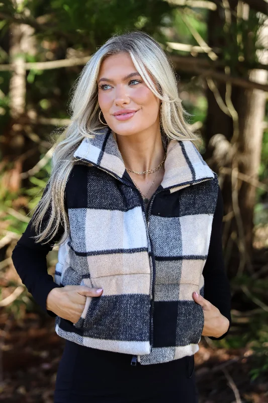 Women's Trendy Attire Wintertime Crush Taupe Plaid Puffer Vest