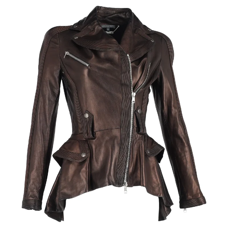 Women's Clothes Alexander Mcqueen Peplum Biker Jacket in Brown Leather