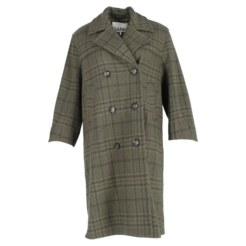 Women's Elegant Outfit Ganni Double-Breasted Checked Coat in Green Wool