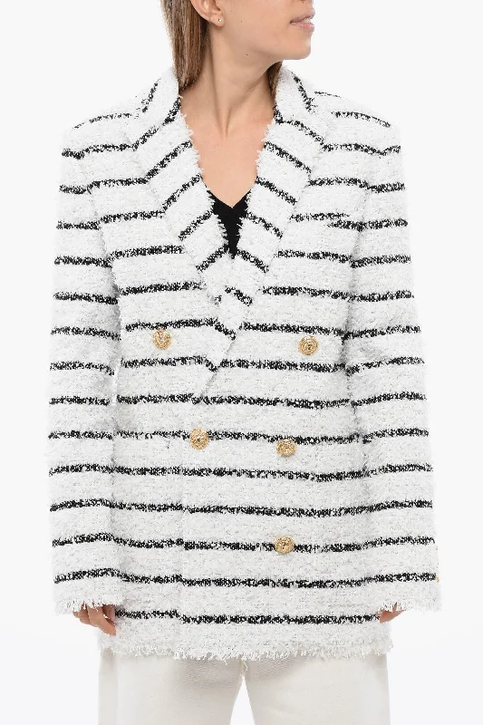 Elegant Women's Attire Balmain Striped Double Breasted Coat With Jewel Buttons