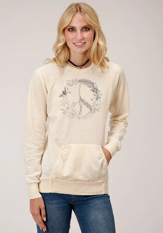 Women's Athletic Outfit Roper Womens Cream Cotton Blend Peace Sign Wreath Sweatshirt