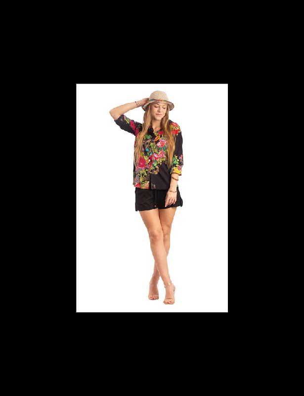 Women's Chic Outfit Black Rose Long Slv Shirt