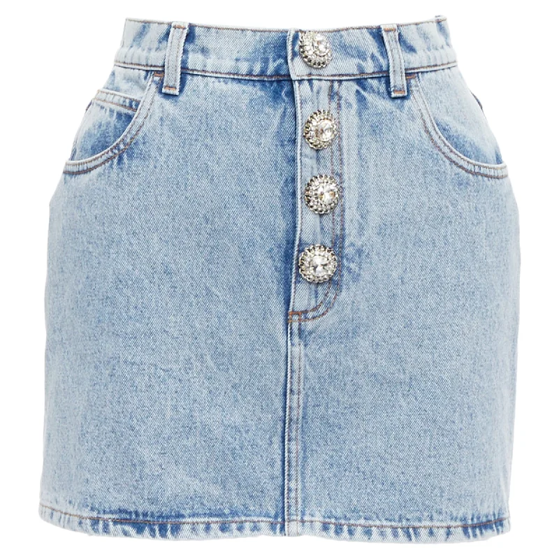 Women's Luxury Attire Alessandra Rich Washed Denim Crystal Embellished Mini Skirt