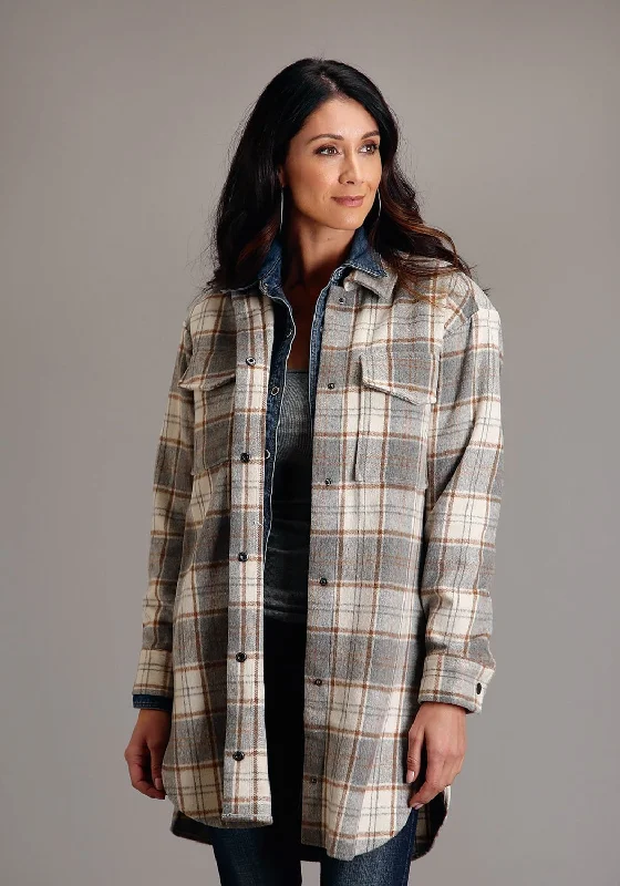 Women's Evening Wear Attire Stetson Womens Neutral Plaid Oversized Grey Poly/Wool Jacket