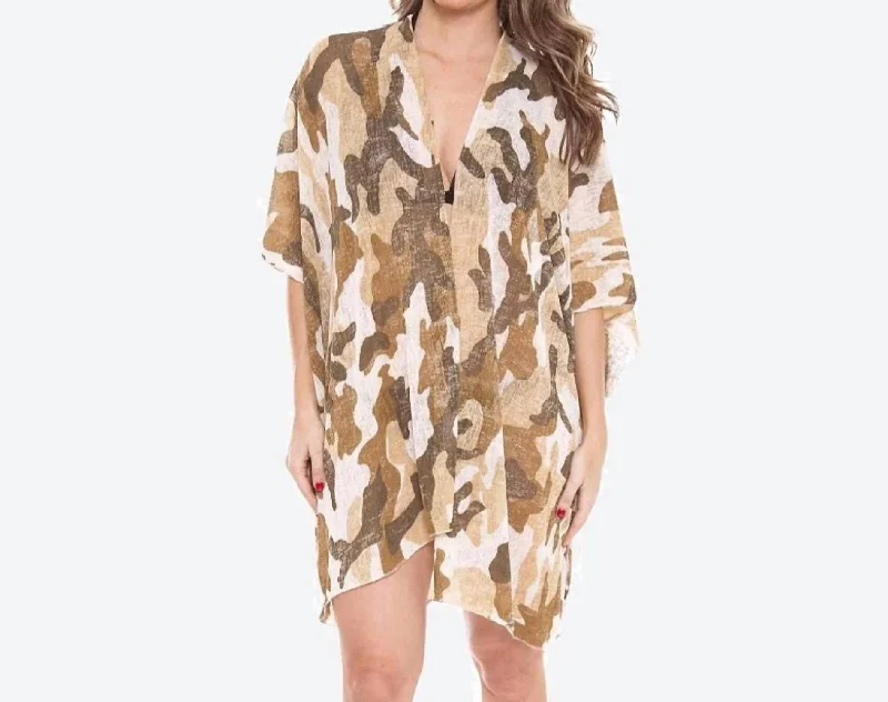 Women's Vintage-Inspired Outfit Lightweight Camouflage Print Kimono In Camel Tan