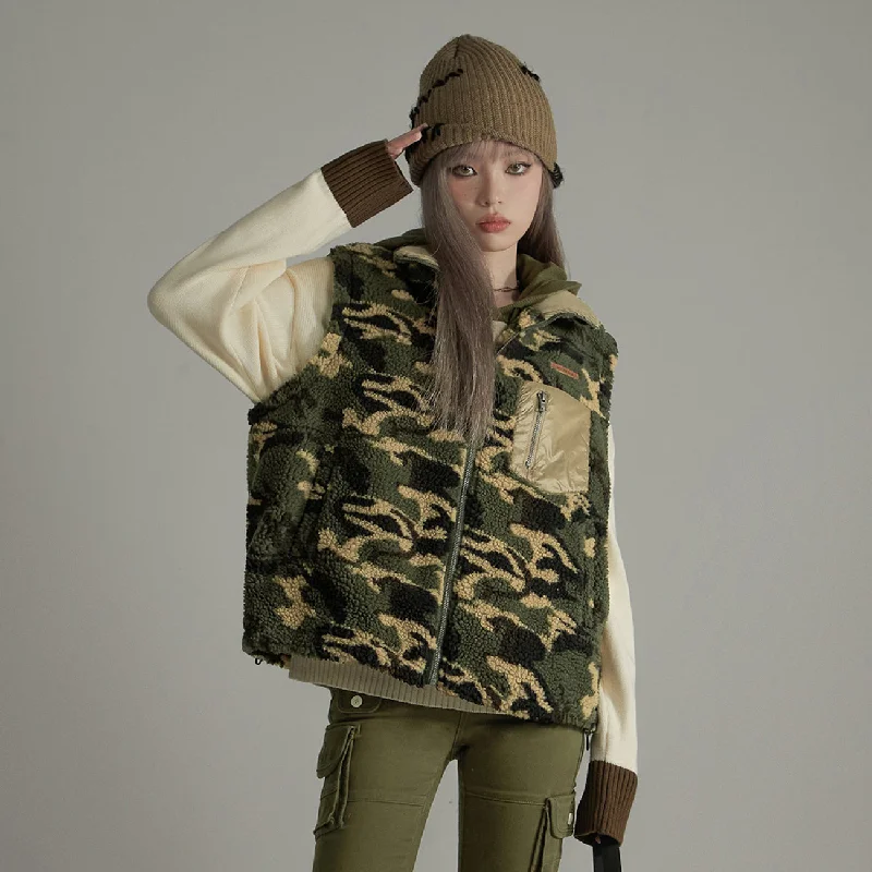 Formal Outfit For Women Camouflage Fleece Zip-Up Vest Jacket