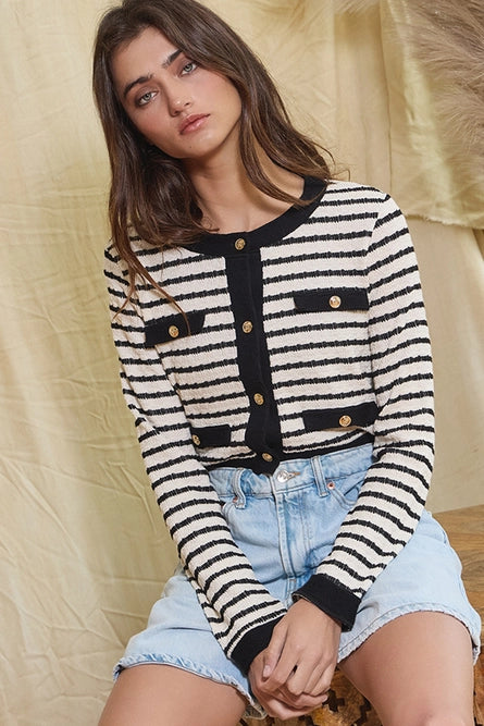 Women's Elegant Clothing Sets Button Closure Stripe Crop