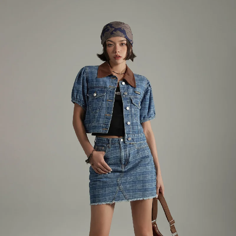 Women's Evening Outfit Vintage Check Puffy Short Sleeve Denim Jacket