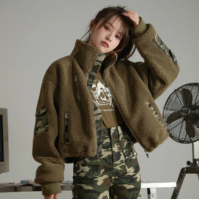 Casual Chic Women's Clothes Camouflage Color Block Fleece Jacket