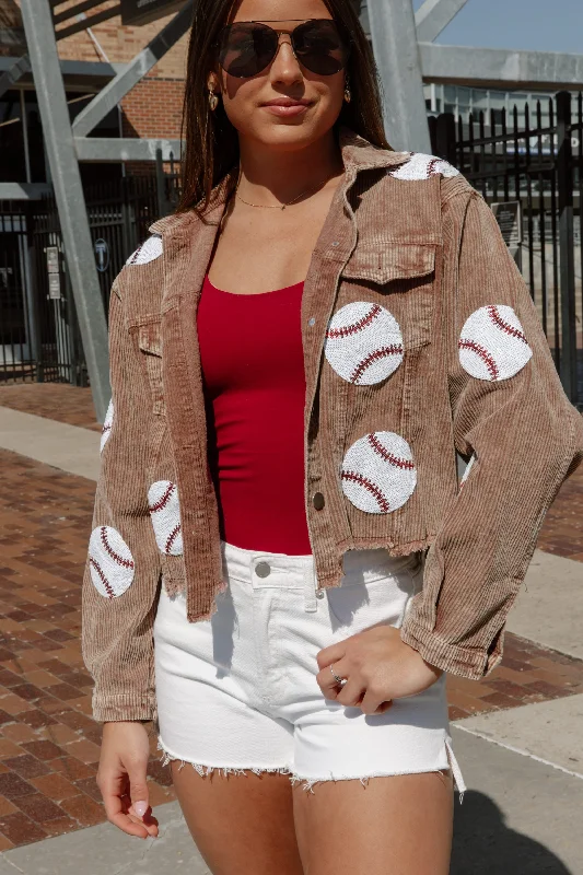 Stylish And Comfortable Clothing For Women PITCH PERFECT EMBELLISHED BASEBALL CORDED JACKET IN BROWN