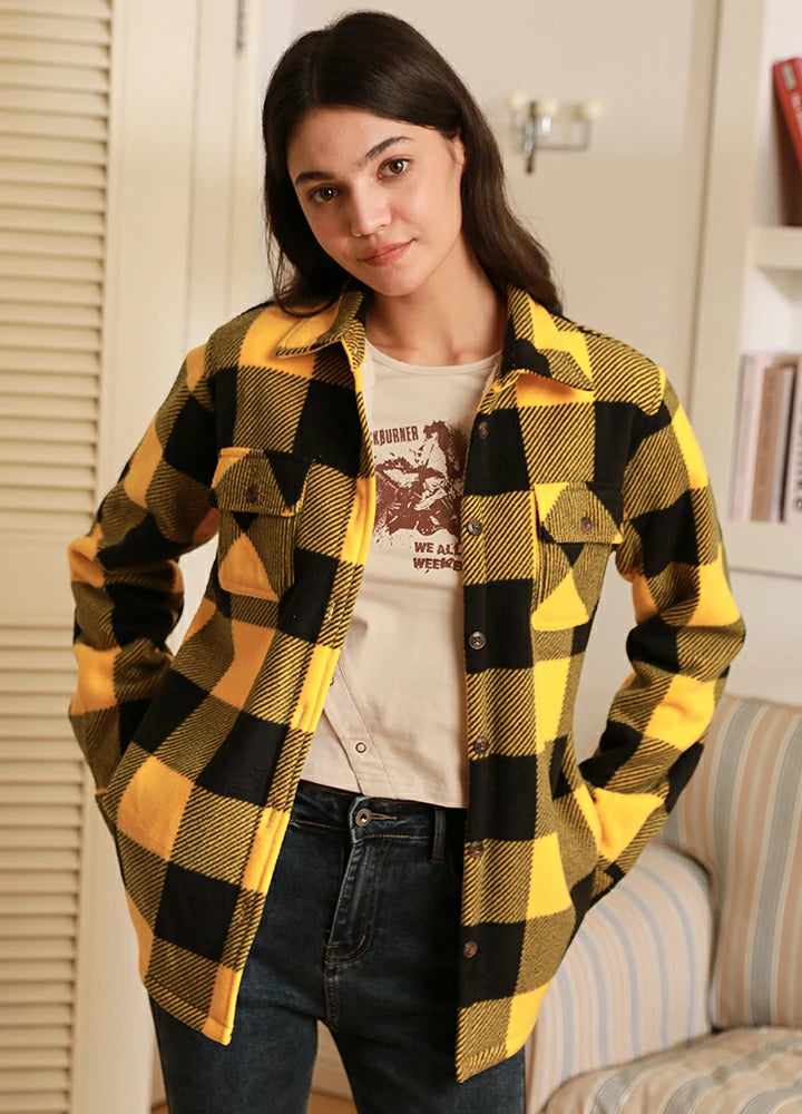 Women's Floral Print Outfit Women's Matching Family Button Up Yellow Plaid Jacket