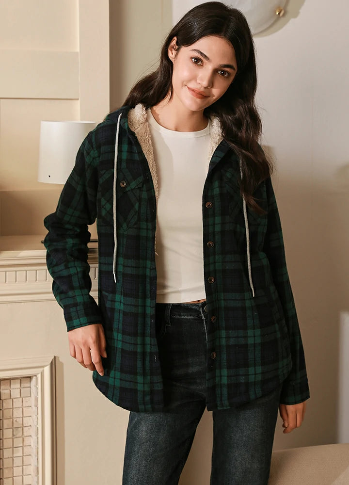 Women's Elegant Clothes Women's Matching Family Sherpa Lined Green Flannel Jacket with Hood