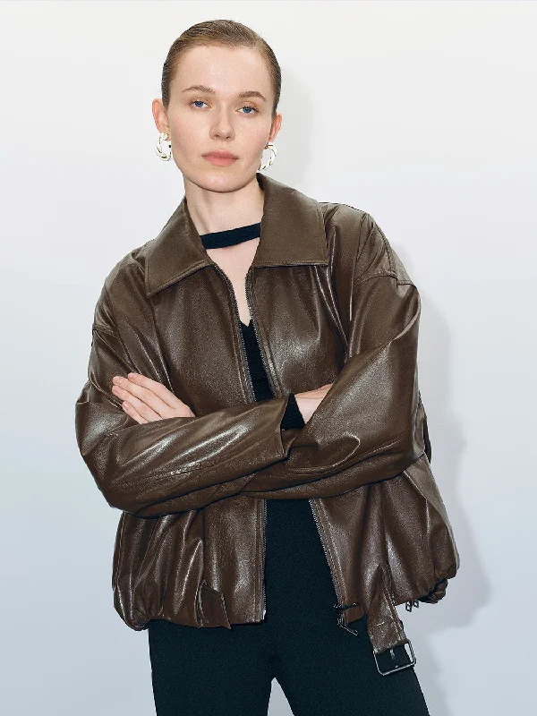 Women's Outerwear Apparel Zipper Front Vegan Leather Oversized Jacket