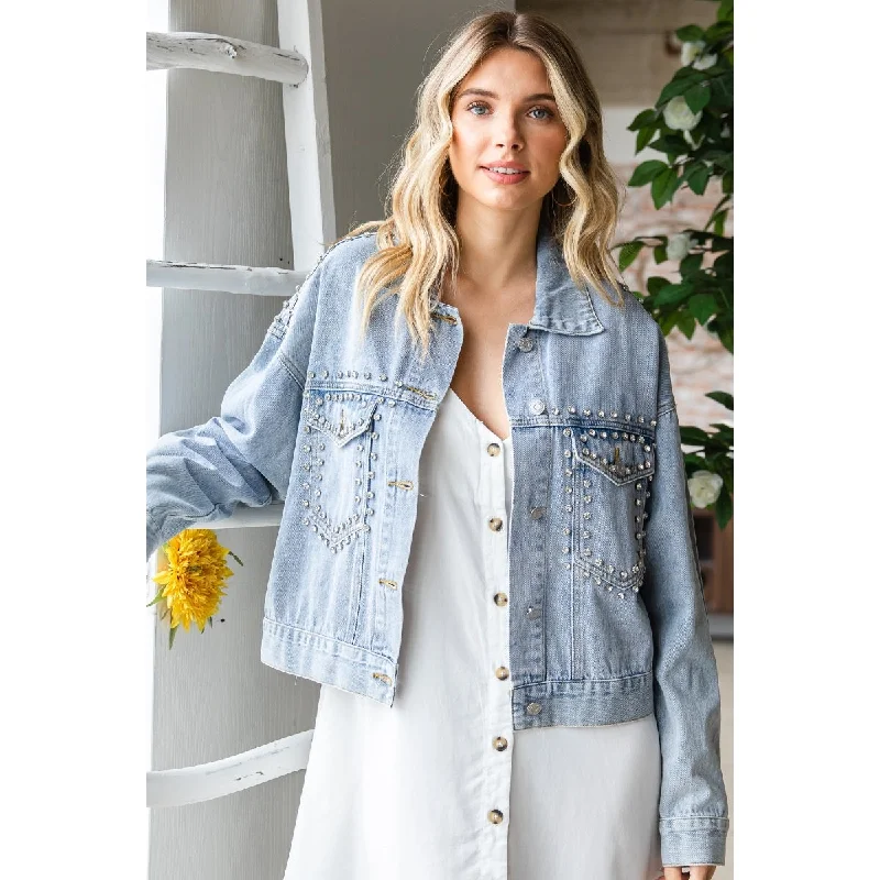 Classic Women's Clothing Styles Chunky Rhinestone Denim Jacket