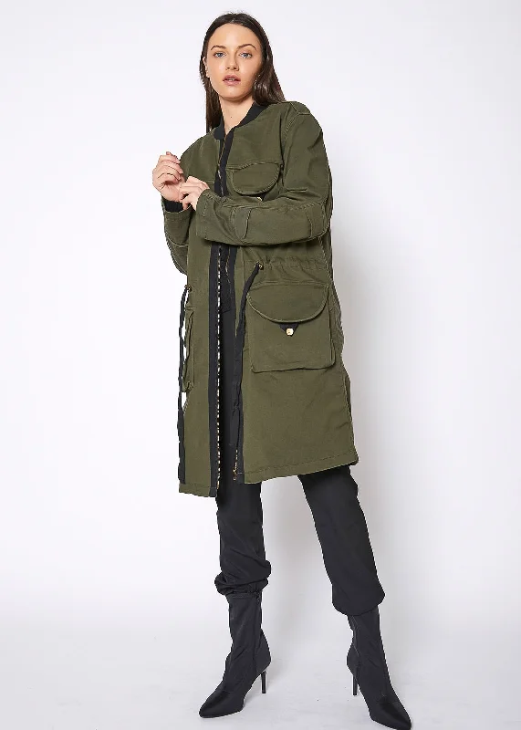 Women's Chic Outfit Women's Zip Up Long Utility Jacket In Olive