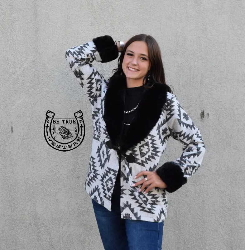 Women's Contemporary Apparel The Fort Worth Black and White Aztec Fur Coat