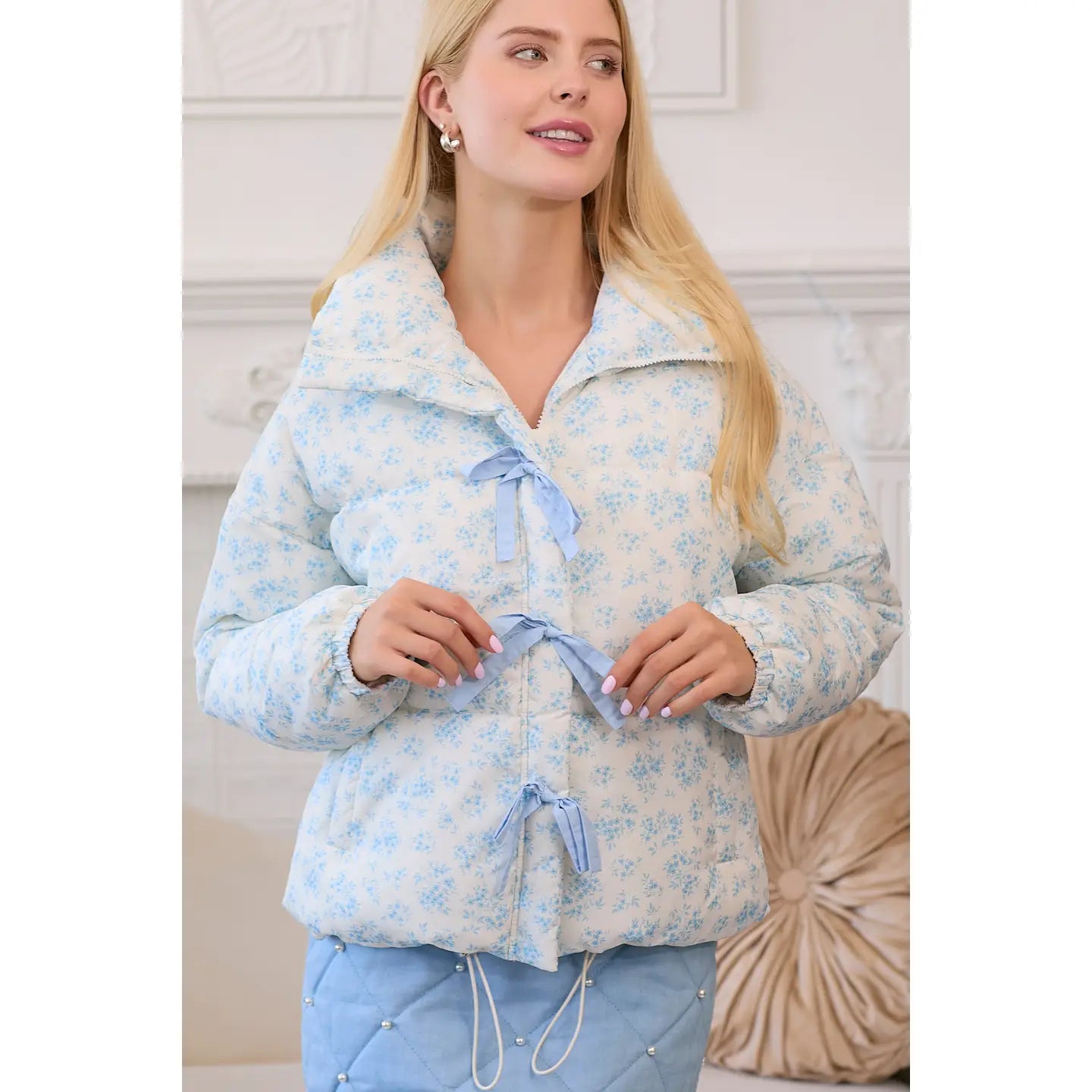 Women's Everyday Garments Blue Bow Puffer Coat