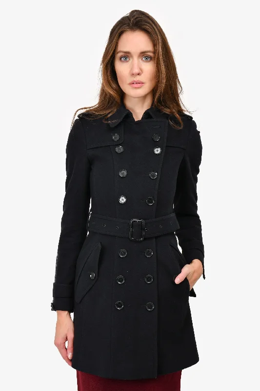 Women's Cozy Outfit For Lounging Burberry Black Wool/Cashmere Trench Coat with Black Leather Details Size 0 US