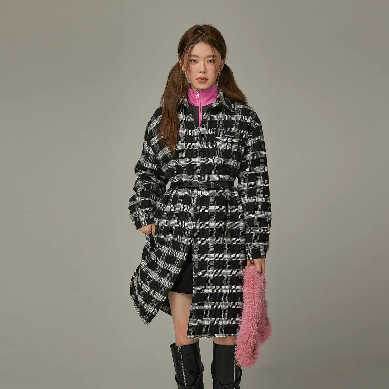 Women's Plus-Size Outfit Check Long Button Coat