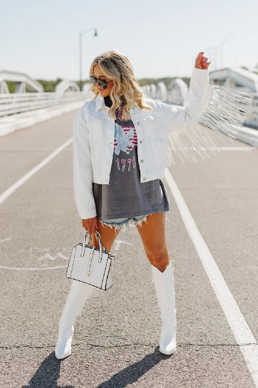 Women's Effortless Casual Outfit JOLENE CROPPED FRINGE DENIM JACKET IN WHITE