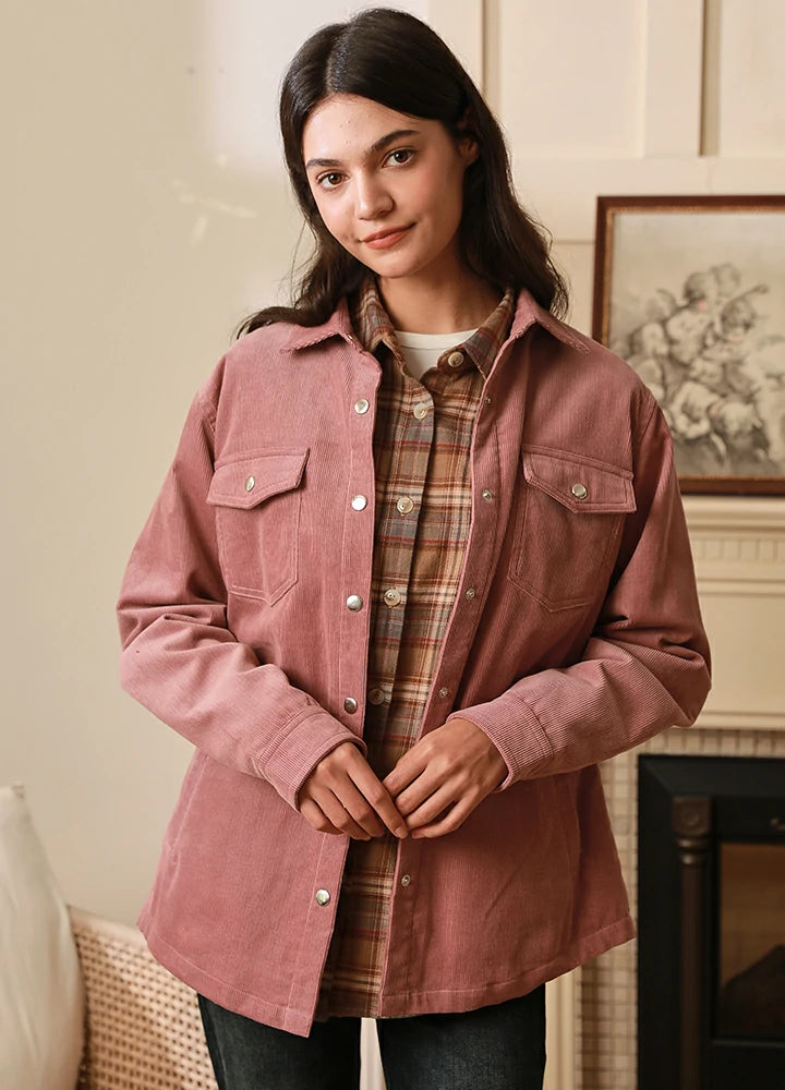 High-End Fashion, Low-End Prices – Don't Miss Out Women's Boyfriend Fit Flannel-Lined Long-Sleeve Corduroy Shirt Jacket