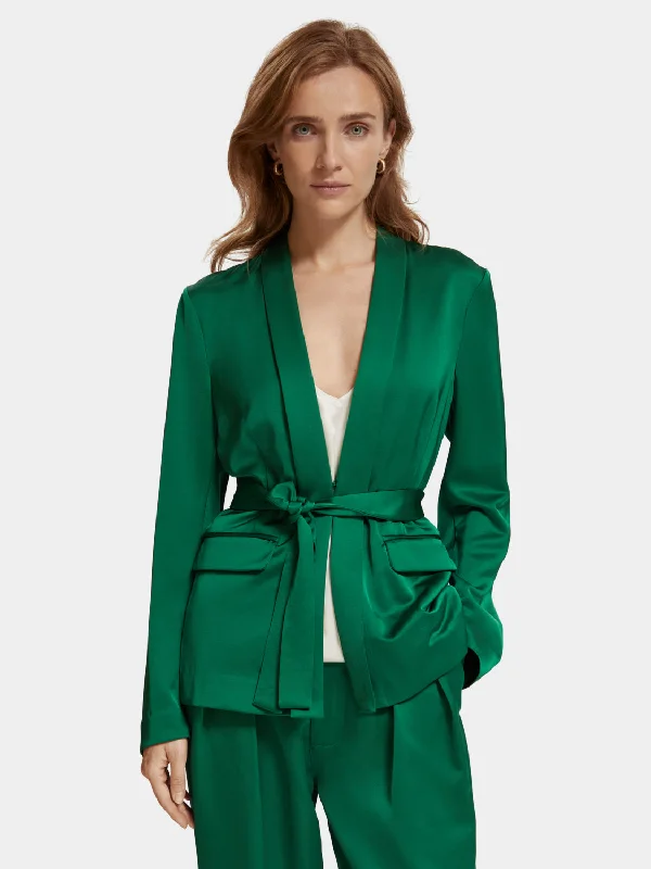 Women's Chic Outerwear Outfit Belted satin blazer